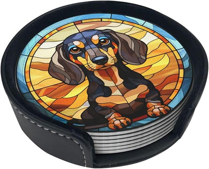 Drink Coaster Set of 6, Dachshund Dog Mom Lover Gift,Leather Drink Coasters with Holder,6 Pack Cup/Bar/Drink Coasters for Table/Drinks/Coffee Protection Housewarming Gift