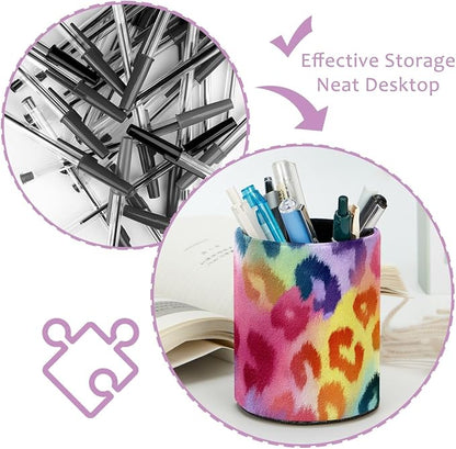 Leather Pen Holder for Desk, Colorful Leopard Print Pencil Cup Pen Organizer - Image 4