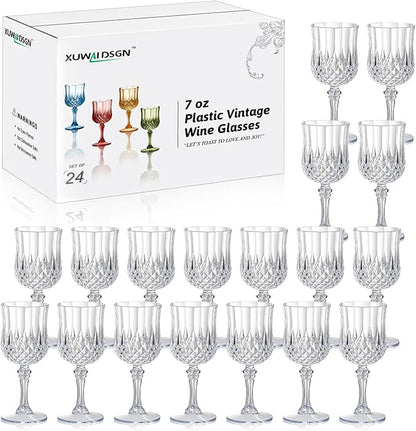 XUWAIDSGN 24 Pcs 7oz Plastic Vintage Wine Glasses Drinking Glasses Unbreakable Wedding Glassware Crystal Water Goblets Reusable Drinkware Vintage Champagne Flutes (24, Clear)