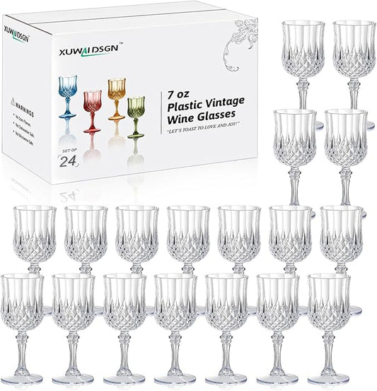 XUWAIDSGN 24 Pcs 7oz Plastic Vintage Wine Glasses Drinking Glasses Unbreakable Wedding Glassware Crystal Water Goblets Reusable Drinkware Vintage Champagne Flutes (24, Clear)
