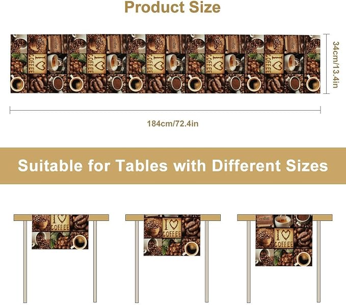 Coffee Theme Table Runner, Rustic Coffee Time Cafe Cup Latte Cappuccino Tea - Image 5