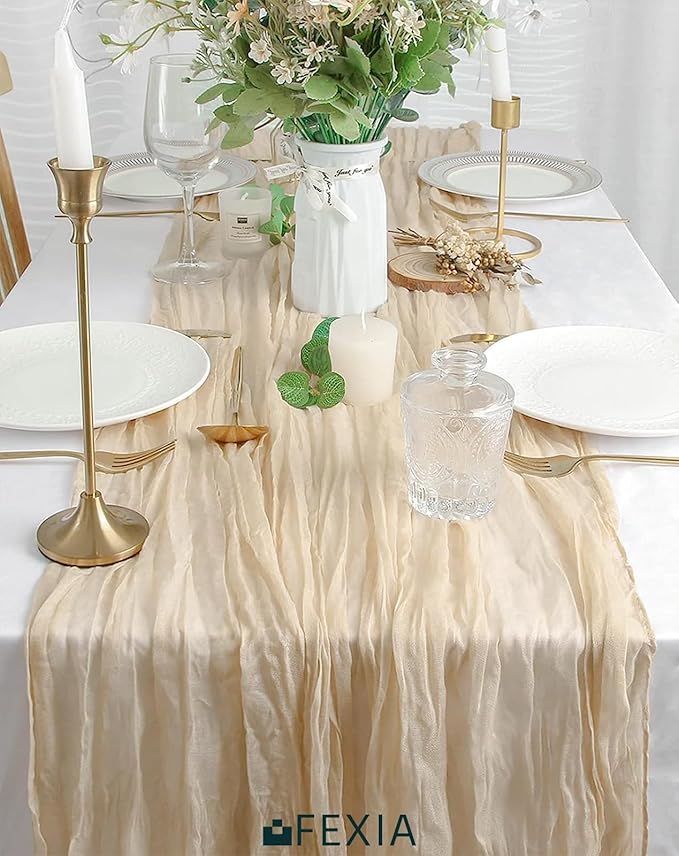 Beige Cheesecloth Table Runner Gauze Rustic Boho Party Decoration | 35x120 - Image 5