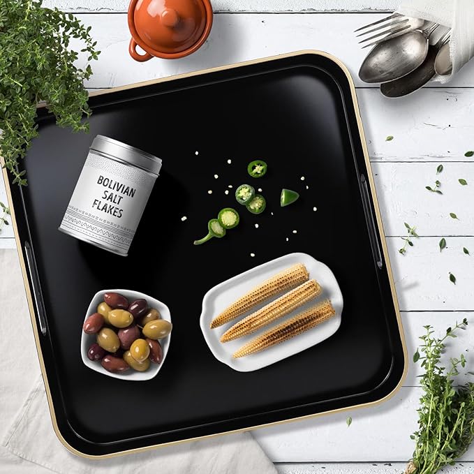 Black Square Decorative Tray with Handles, 13"*13" Versatile Serving Tray for Coffee Table, Ottoman, Ideal for Serving, Displaying, Organizing