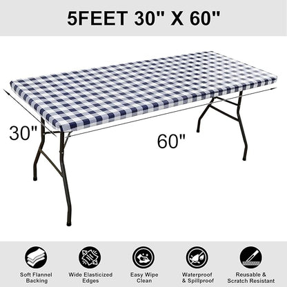 Smiry Rectangle Picnic Table Cloth, Elastic Waterproof Fitted Vinyl Tablecloths, Flannel Backed Buffalo Plaid Table Covers for Dining, Camping, Outdoor (White and Navy, 30" x 60")