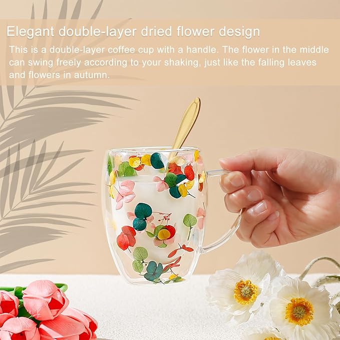 Gifts for Women Dried Flowers Double Wall Glass Coffee Mugs Cute Glass Tea Cups - Image 3
