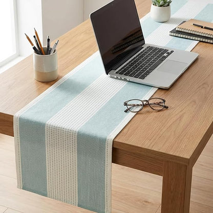 Artoid Mode Ice Blue Farmhouse Rustic Table Runner, Seasonal Macrame Fabric - Image 4