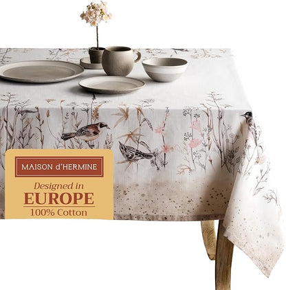 Maison d' Hermine Table Cloth Square Table 100% Cotton 54 x 54 Inches Tablecloth Reusable Decorative for Dining Room Farmhouse Home Valentines Day Decorations Spring Summer - Meadow Florals - Brown