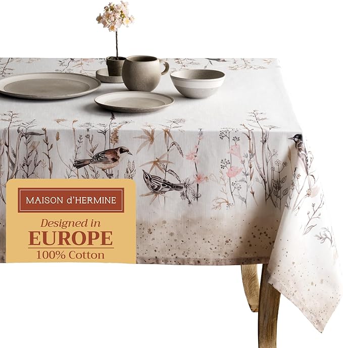 Maison d' Hermine Table Cloth Rectangle Table 100% Cotton 60 x 120 Inches Tablecloth Reusable Decorative for Dining Room Farmhouse Home Valentines Day Decorations Spring Summer- Meadow Florals - Brown
