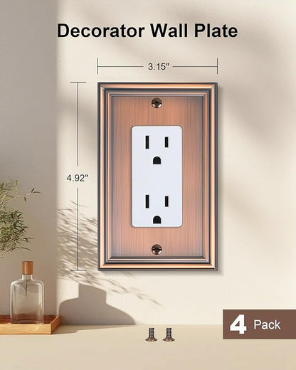 4-Pack Decorator Outlet Cover Plate, Antique Copper Decorative Switch Plates and Outlet Covers, Durable Zinc Alloy Wall Plates for Electrical Outlets, Receptacle, GFCI Outlet, Dimmer Switch