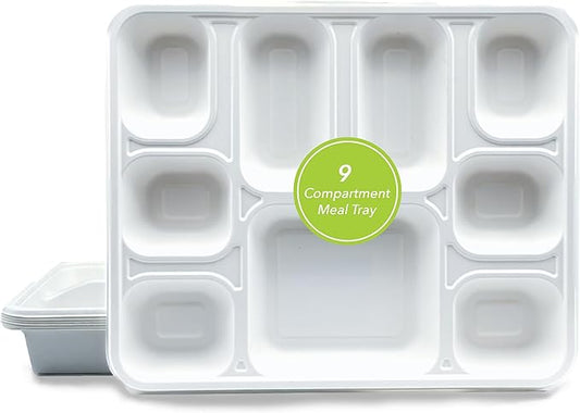 three leaf 9 COMPARTMENT BAGASSE RECTANGULAR PLATE, 25 Ct. Heavy-Duty- Super Strong- Natural- Eco-Friendly Disposable Bagasse Plates, 100% Biodegradable 9 compartment plates