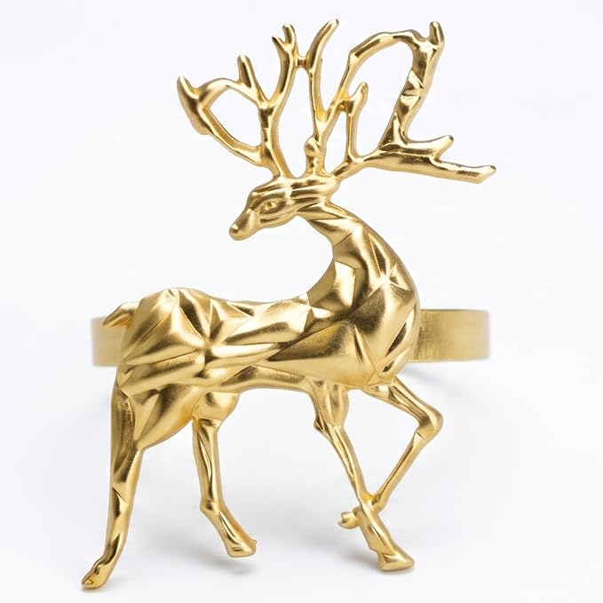 Gold Napkin Rings Set of 12 – Holiday Reindeer Design – Elegant Christmas Table by HUVOTOSIUS