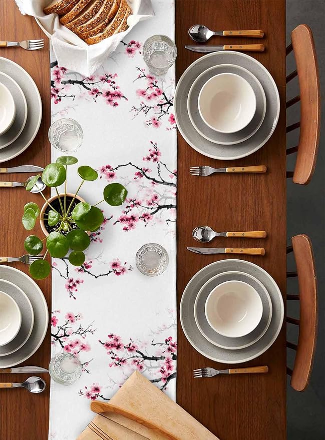 Pink Cherry Flowers Short Table Runners 36 Inches, Cotton Linen Fabric Table - Image 5