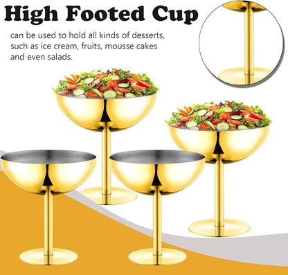 Ice Cream Bowls Stainless Steel Dessert Cups with Spoons Reusable Footed Sundae Cups Ice Cream Cups for Dessert, Frozen Yogurt, Gelato, Birthday Party Decorations (4, Glod)
