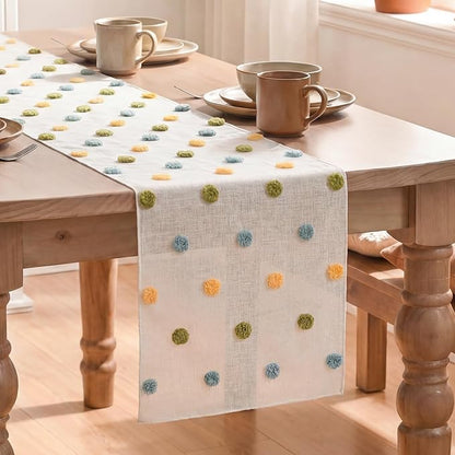 Artoid Mode Yellow Blue Green Pom Pom Tulle Table Runner, Seasonal Washable by ArtoidMode