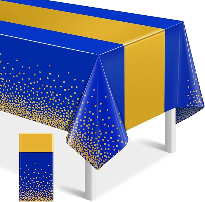 MASHAN 1Pcs Blue Gold Tablecloth Party Decorations, Plastic Royal Blue Table by MASHAN