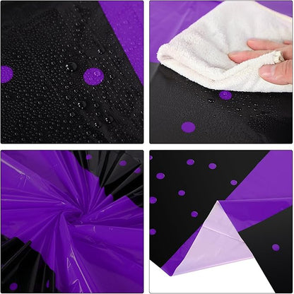 Oudain 6 Pcs Purple and Black Tablecloth for Parties Plastic Dot Tablecloths Printed Table Runner Waterproof Disposable Rectangle Table Cover for Christmas Birthday Wedding Party, 54" x 108"