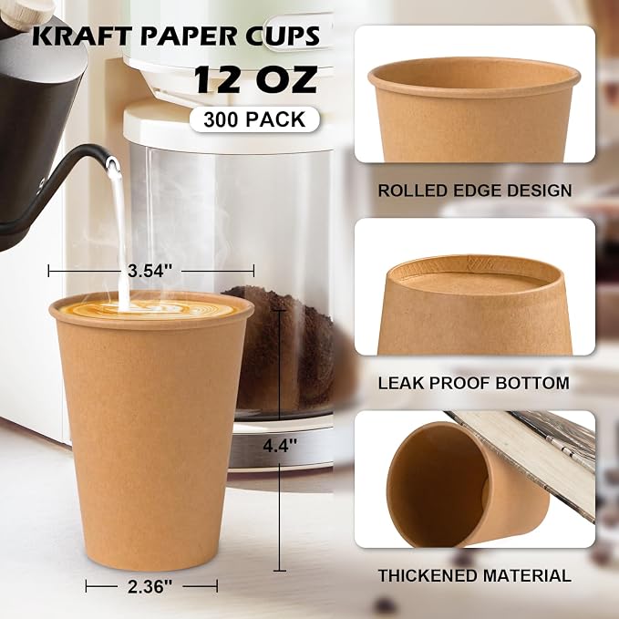 SIUQ 300 Pack 12 oz Kraft Paper Cups, Unbleached Disposable Coffee Cups | - Image 2