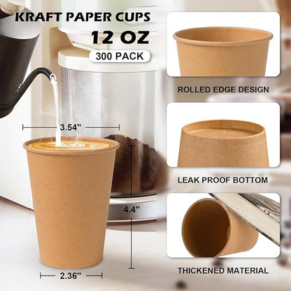 SIUQ 300 Pack 12 oz Kraft Paper Cups, Unbleached Disposable Coffee Cups | - Image 2