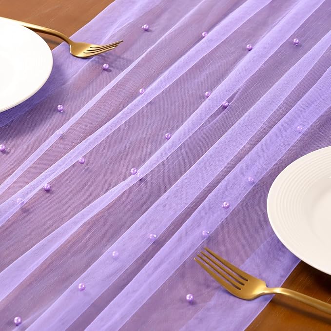 Pearl Table Runner Summer Tulle Gauze Sheer Wedding Party Home Decor | Purple - Image 2