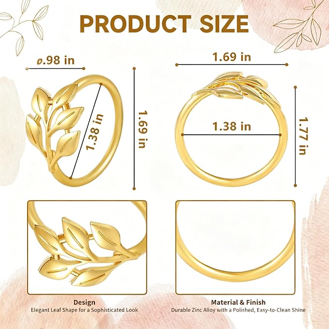 Gold Napkin Rings Set of 24, Shiny Zinc Alloy, Durable Polished Leaf Shaped - Image 4