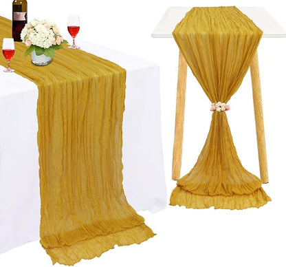 FUHSY 10 Pack 10FT Cheesecloth Table Runner Gold Gauze Fabric 35x120 Inches Farmhouse Linen Table Runner Cheese Cloths Runners for Tables Romantic Rustic Gazue Cheese Cloth Boho Decor for Wedding