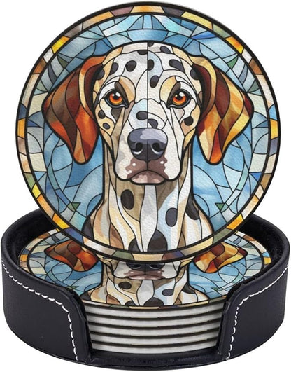 Drink Coaster Set of 6, Dalmatian Dog Mom Lover Gift,Leather Drink Coasters with Holder,6 Pack Cup/Bar/Drink Coasters for Table/Drinks/Coffee Protection Housewarming Gift
