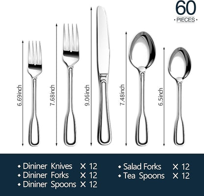 Silverware Set for 12, 60 Piece Boston Style Stainless Steel Flatware Set | - Image 6