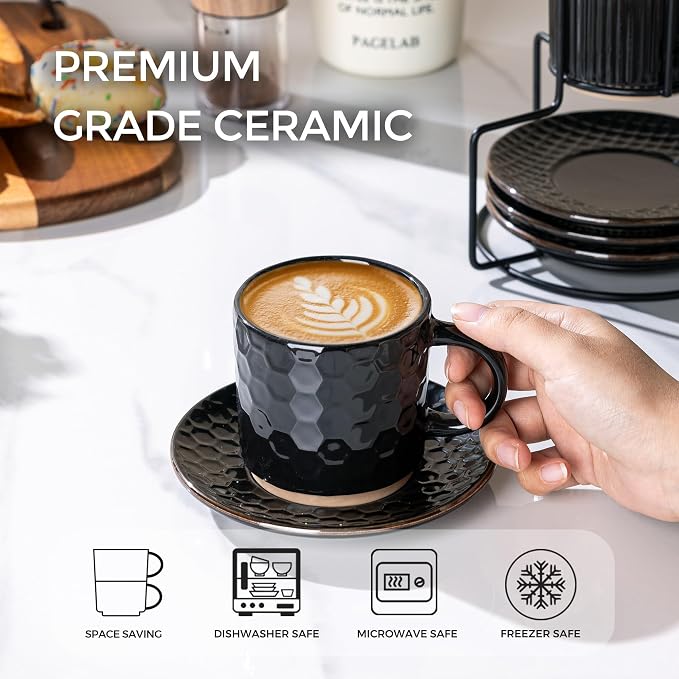 GBhome 6 OZ Stackable Coffee Mugs Set of 4, Ceramic Espresso Coffee Cups | - Image 4
