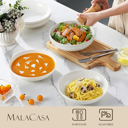 MALACASA 8.85" Large Pasta Bowls, 42 OZ White Salad Bowls Soup Bowls, Porcelain - Image 3