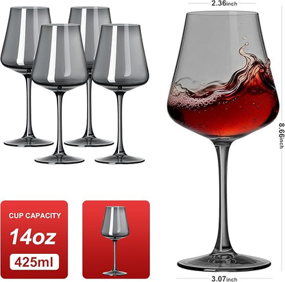PTSTING Wine Glasses Set of 4 Gray Wine Glass 14oz Glassware for Tasting,Wedding,Anniversary,Christmas, Birthday