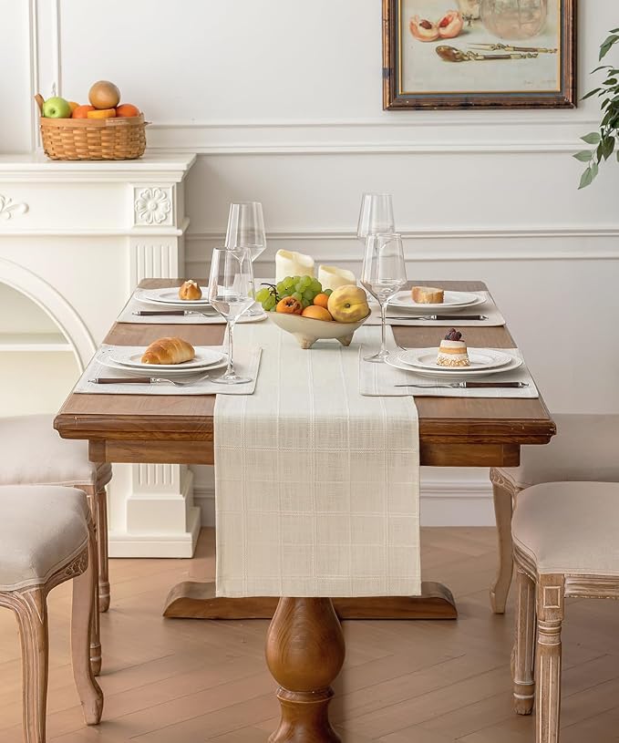 Linen Textured Table Runner, Ivory Table Runners 48 Inches Long | Raised Grid - Image 2