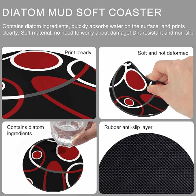 Black Red Coasters Set of 6, Non-Slip Cup Coaster Mat - Image 9