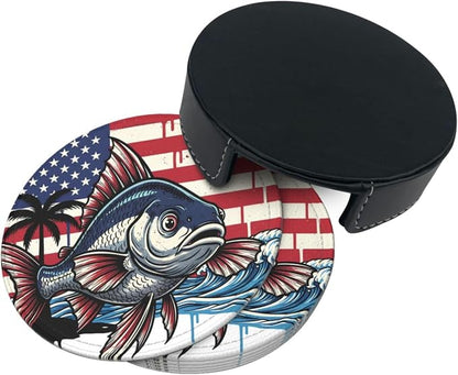Patriotic Us Flag Fish Leather Coasters Set of 6 - Image 3