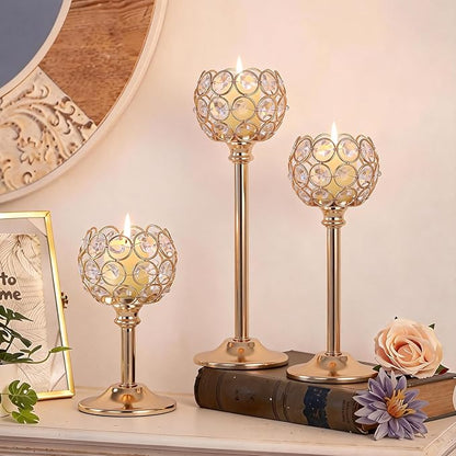 Crystal Candle Holders 2 Set of 6 - Gold Vintage Hollow Ball Candle Stand for Table Centerpiece, Crystal Metal Tealight Candlestick for Wedding, Dining Room Decor