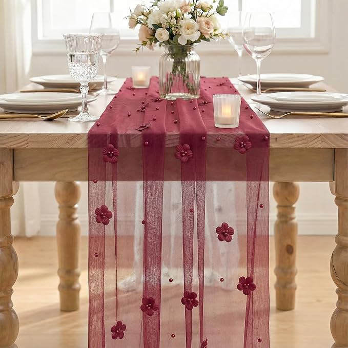 Artoid Mode Burgundy Flower Pearl Burgundy Gauze Table Runner 10FT, Seasonal - Image 2