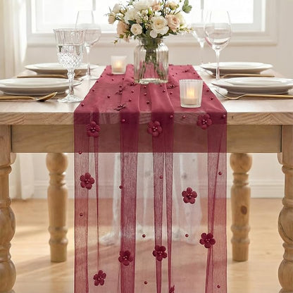 Artoid Mode Burgundy Flower Pearl Burgundy Gauze Table Runner 10FT, Seasonal - Image 2