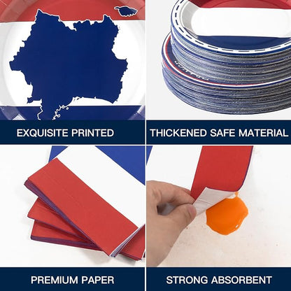 France French Flag Paper Plates and Napkins Party Supplies, Serves 60 | 180Pcs - Image 3