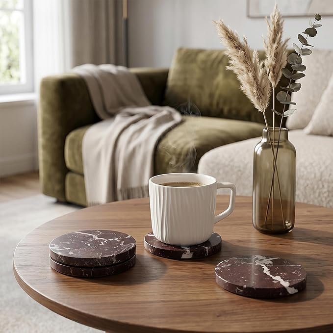Natural Marble Coasters Set of 4-4" Round Stone Drink Coasters, Non-Slip Cork - Image 4