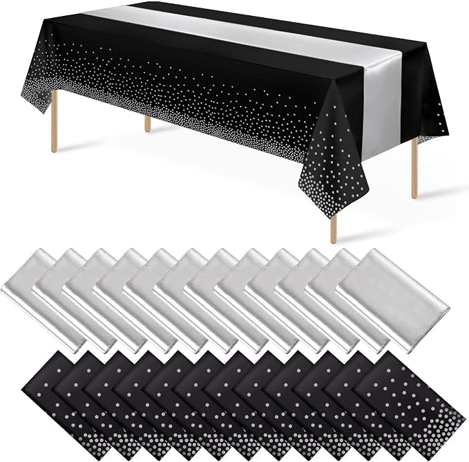 24Pack Disposable Plastic Tablecloths and Satin Table Runner Set Black and by MASHAN