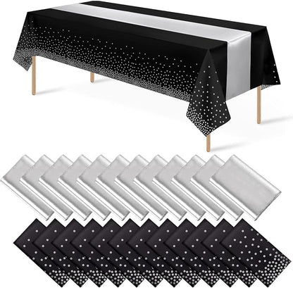 24Pack Disposable Plastic Tablecloths and Satin Table Runner Set Black and by MASHAN