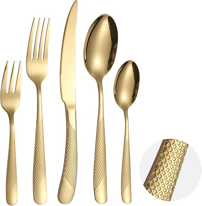 Hammered Silverware Set Gold Modern Stainless Steel Flatware by A%C2%B7HOUSEWARE