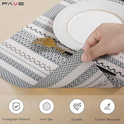FAVE Boho Vinyl Placemats Set of 4, Durable Woven Place Mats Washable Heat Resistant PVC Table Mats for Parties,Weddings, Dining,Banquet(Gray, 4PCS)
