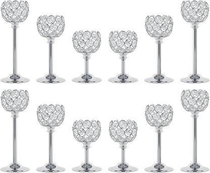 Crystal Metal Tealight Candlestick, Bling Bowl Candelabras, Tall Crystal Candle Holders Elegant Candle Centerpiece for Dining Table Wedding Home Mantel Decor(Silver, 4Sets(12 Pcs))
