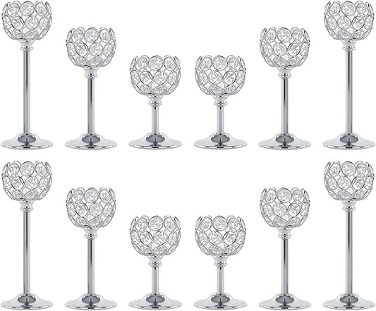 Crystal Metal Tealight Candlestick, Bling Bowl Candelabras, Tall Crystal Candle Holders Elegant Candle Centerpiece for Dining Table Wedding Home Mantel Decor(Silver, 4Sets(12 Pcs))