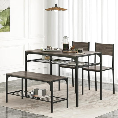 NAFORT Kitchen Table Set for 4, Space-Saving 4-Piece Dining Table Set with Bench and 2 Chairs, Industrial Rectangular Dining Room Set with Storage Shelves for Apartment, Kitchen&Dining, Restaurant