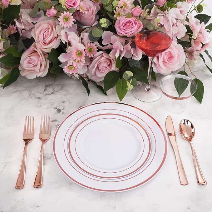 WELLIFE 350 Pieces Rose Gold Plastic Dinnerware, 50 Guests Disposable Plates - Image 4