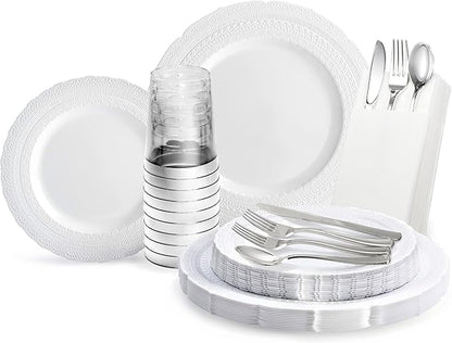 " OCCASIONS " 960pcs set (120 Guests)-Extra Heavyweight Vintage Wedding Disposable/Reusable Plastic Plates (120 x 11''+ 120x8.25'')+Silverware+12oz Cups+Napkins (Chateau Collection White)