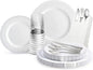 " OCCASIONS " 960pcs set (120 Guests)-Extra Heavyweight Vintage Wedding Disposable/Reusable Plastic Plates (120 x 11''+ 120x8.25'')+Silverware+12oz Cups+Napkins (Chateau Collection White)