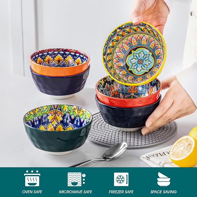 vancasso 12 Oz Ceramic Cereal Bowls Set of 6, Bohemian Soup Oatmeal Bowls | - Image 3