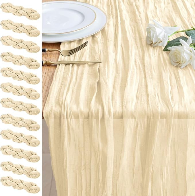 Cheesecloth Table Runner 10FT 12Pcs Beige Boho Gauze Rustic Sheer Runners | by Xiomot